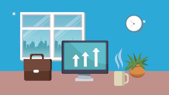 Office setting with computer showing upward trends a briefcase a plant and a cup of coffee. Flat graphic animated cartoon