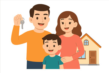 Smiling parents and child celebrating buying a new house and holding the keys
