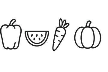A comprehensive collection of outline icons set featuring various healthy fruits and vegetables like bell pepper, watermelon, carrot