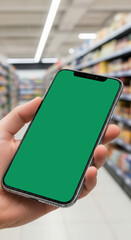 Hand holding modern smartphone with green screen mockup for easy content replacement while shopping in a brightly lit supermarket aisle