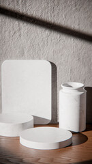 White marble podiums on wood table for product display. Minimalist 3D render with vase and textured wall. Sunlit background for cosmetic or skincare mockup with natural lighting and strong shadows.