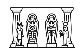 Egyptian sarcophagi flanked by Anubis and a goddess under temple columns
