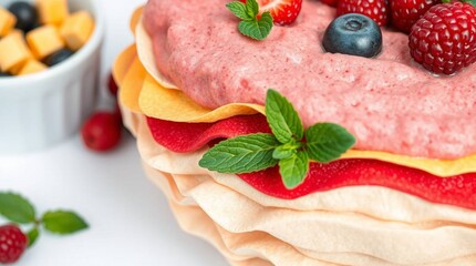 A delicious layered wafer cake with pink berry mousse, garnished with fresh raspberries, blueberries, and mint leaves.