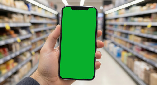 Hand holding smartphone with green screen mockup in grocery store aisle with blurred product shelves for retail app demonstration or mobile shopping concept - Powered by Adobe
