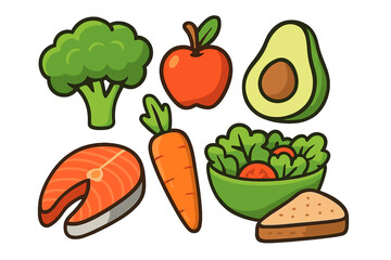 Selection of healthy foods including fresh vegetables, fruit, fish, and whole grain bread