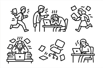 Line icons depicting stressful situations, pressure, and burnout in a corporate environment
