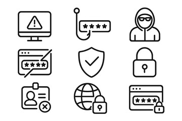 Outline symbols representing cybersecurity, hacking, phishing, password, and data protection concepts