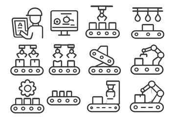 Outline icons for automated manufacturing, industrial robotics, and smart factory technology
