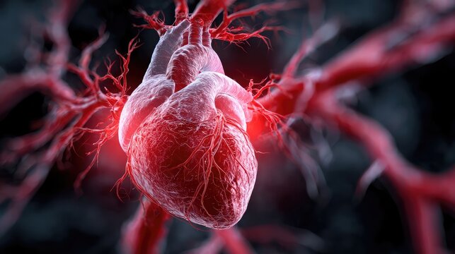 Against a dark background, a bright red, beating heart with clearly visible blood vessels showcases the anatomical structure of human organs.