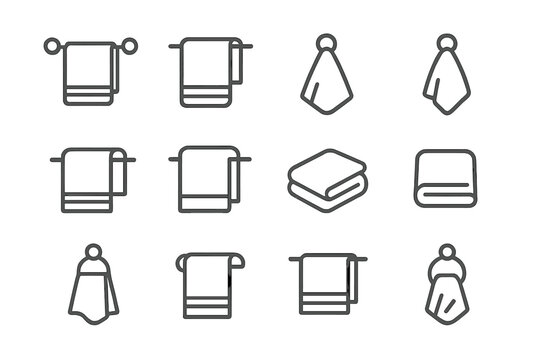 Set of minimalist outline icons showing folded and hanging bath towels and hand cloths