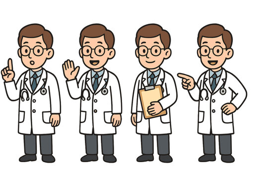 Four cartoon male doctor characters in various poses for medical and healthcare concepts