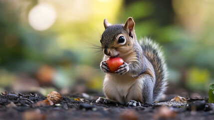 Baby squirrel with tiny apple on woodland floor, soft bokeh