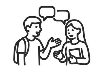 Two young students talking and sharing ideas symbolized by speech bubbles