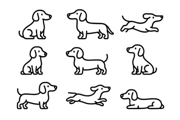 Minimalist outline icons set featuring cute dachshund dogs in various poses and actions like sitting, standing, and running