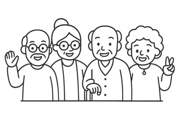 Diverse group portrait of four smiling senior citizens posing happily together