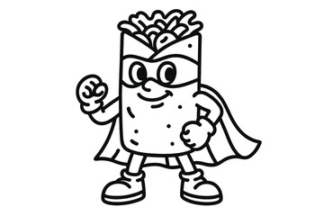Funny burrito mascot character dressed as a superhero standing in a heroic pose