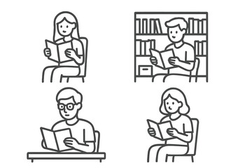 Minimalist outline drawings of people reading books, studying, and enjoying literature