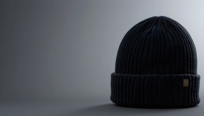 Navy knit beanie hat on a neutral studio background. simple, cozy winter fashion item for all seasons. black beanie