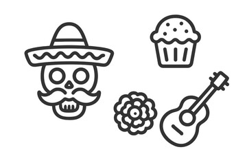 Traditional Mexican celebration symbols featuring calavera skull, sombrero, acoustic guitar, and marigold flower