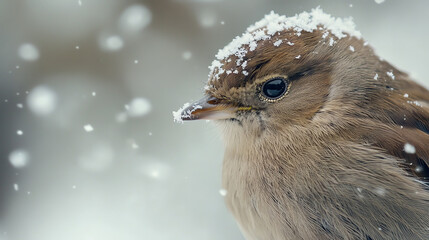 Closeup bird with snow crystals on beak, calm muted tones
