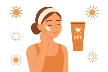 Female applying sunscreen cream to her cheek for daily sun protection routine