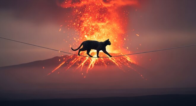 Black cat balancing on a tightrope with volcano eruption in the background portraying risk