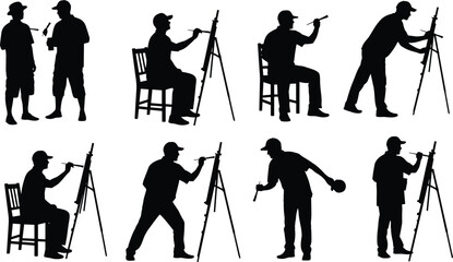 Obraz premium Black Silhouette Vector Set of Male Artists Painting on Easels, Representing Creativity, Art, Hobby, Education, Fine Arts, Talent, and Outdoor Leisure Activity.