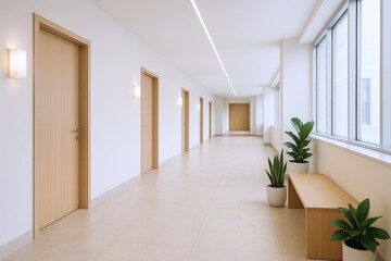 Fototapeta premium Bright Modern Interior Hallway with Wooden Doors, Potted Plants, and Natural Light from Large Windows