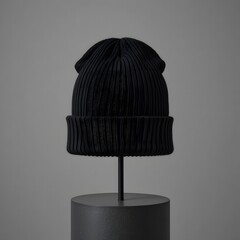 Stylish black ribbed beanie hat fashion accessory displayed on a modern dark stand against a subtle gray background. black beanie