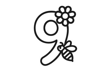 Nine decorated with a simple flower and a cute bee in clean outline style