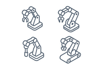 Isometric robotic arm icons set for industrial automation and manufacturing technology concepts