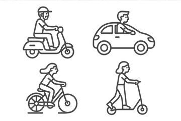 Collection of outline symbols for urban mobility: car, scooter, bicycle, kick scooter