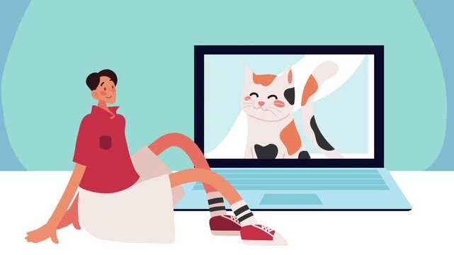 Person sitting with laptop showing cat. Flat graphic animated cartoon
