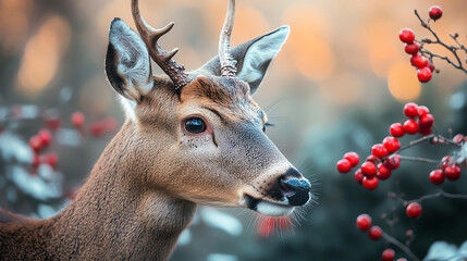 Closeup deer muzzle near forest berries, soft tones