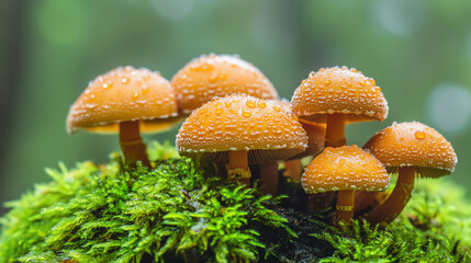Closeup dewcovered mushrooms on moss, shallow depth