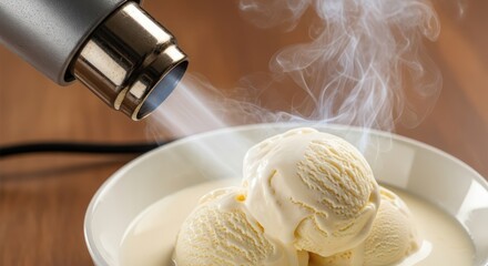 Experimenting culinary innovation vanilla ice cream dessert prepared with heat gun