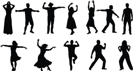 Black Silhouette Vector Set of Diverse People Dancing and Posing in Motion, Representing Energy, Celebration, Party, Rhythm, Music, Fun, and Active Lifestyle.