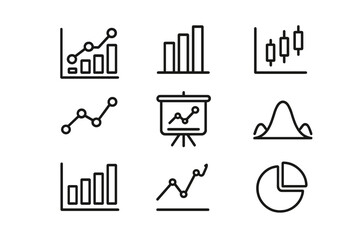 Outline icons for business analytics, financial reporting, statistical data visualization, and market trends