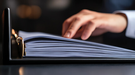Closeup legal binder opened on dark table, attorney s hand poised