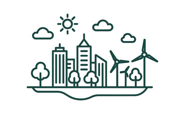 Sustainable city skyline featuring wind turbines and renewable green energy infrastructure