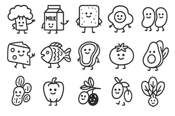Set of happy food mascots in outline style for healthy eating and grocery concepts