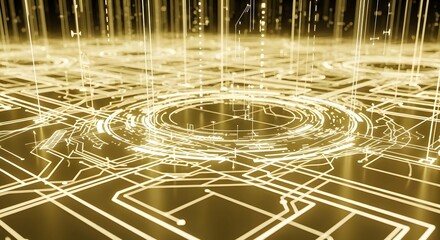 Golden abstract circuit board design with circular patterns and vertical lines in perspective view