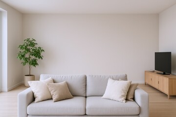 Fototapeta premium Modern Living Room Interior with Beige Sofa, Plant, and TV Console for Home Decor Mockups