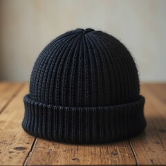 Dark knitted beanie hat with a ribbed texture, sitting on a rustic wooden table, cozy winter headwear. black beanie