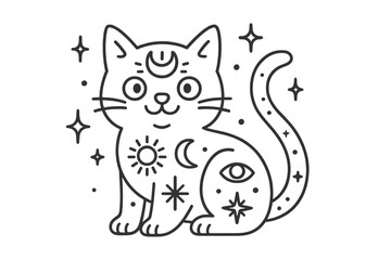 Adorable sitting cat adorned with celestial sun, moon, and esoteric eye symbols