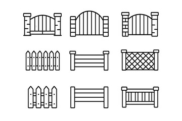 Set of outline icons representing various fences, gates, railings, and barriers