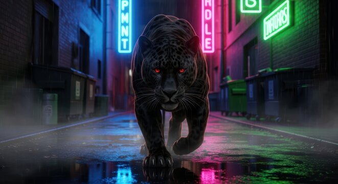 Eerie alley encounter, a black panther prowls illuminated by surreal neon signs - Powered by Adobe