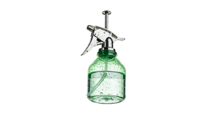 Stylish green spray bottle with chrome sprayer on white background displaying water droplets for plant care or home use purposes representing