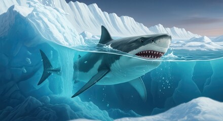 Arctic predator a great white shark emerges from icy waters of glacial scenery