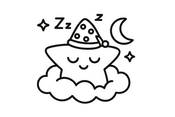 Adorable cartoon star character sleeping on a cloud wearing a nightcap under the crescent moon